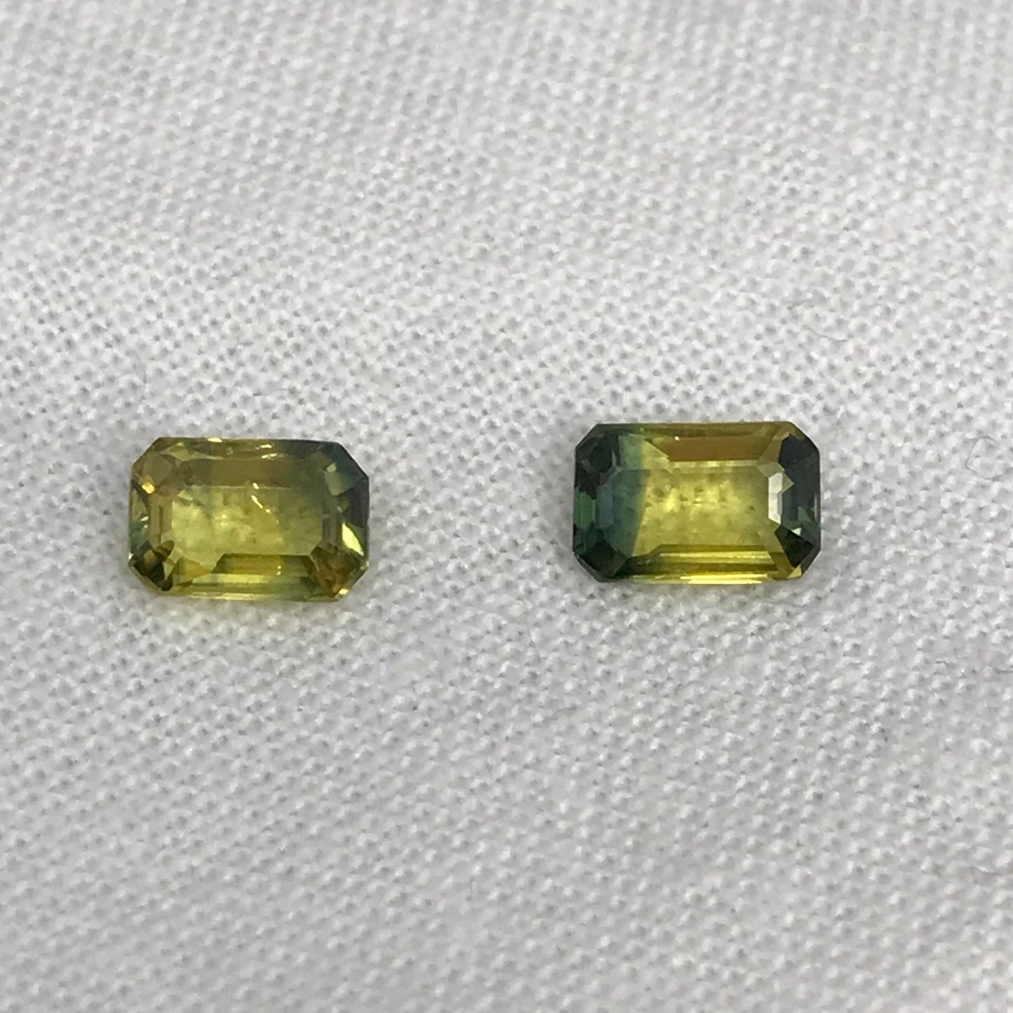 2 Natural Bi-Color Sapphires 6x4mm Yellow Green Sapphires, 0.72 ea. Pair of Emerald cut Sapphires, 1.47 CTW,