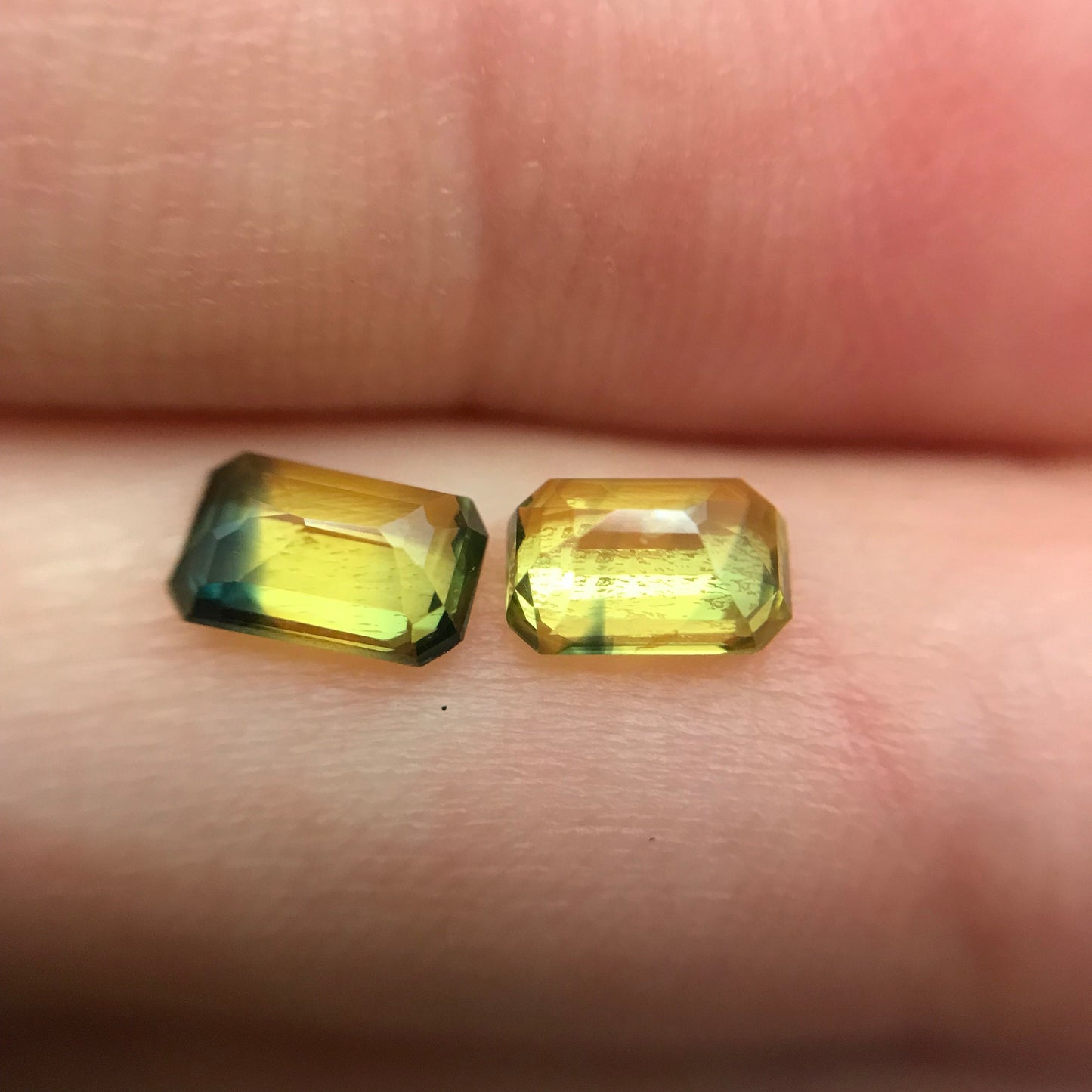 2 Natural Bi-Color Sapphires 6x4mm Yellow Green Sapphires, 0.72 ea. Pair of Emerald cut Sapphires, 1.47 CTW,
