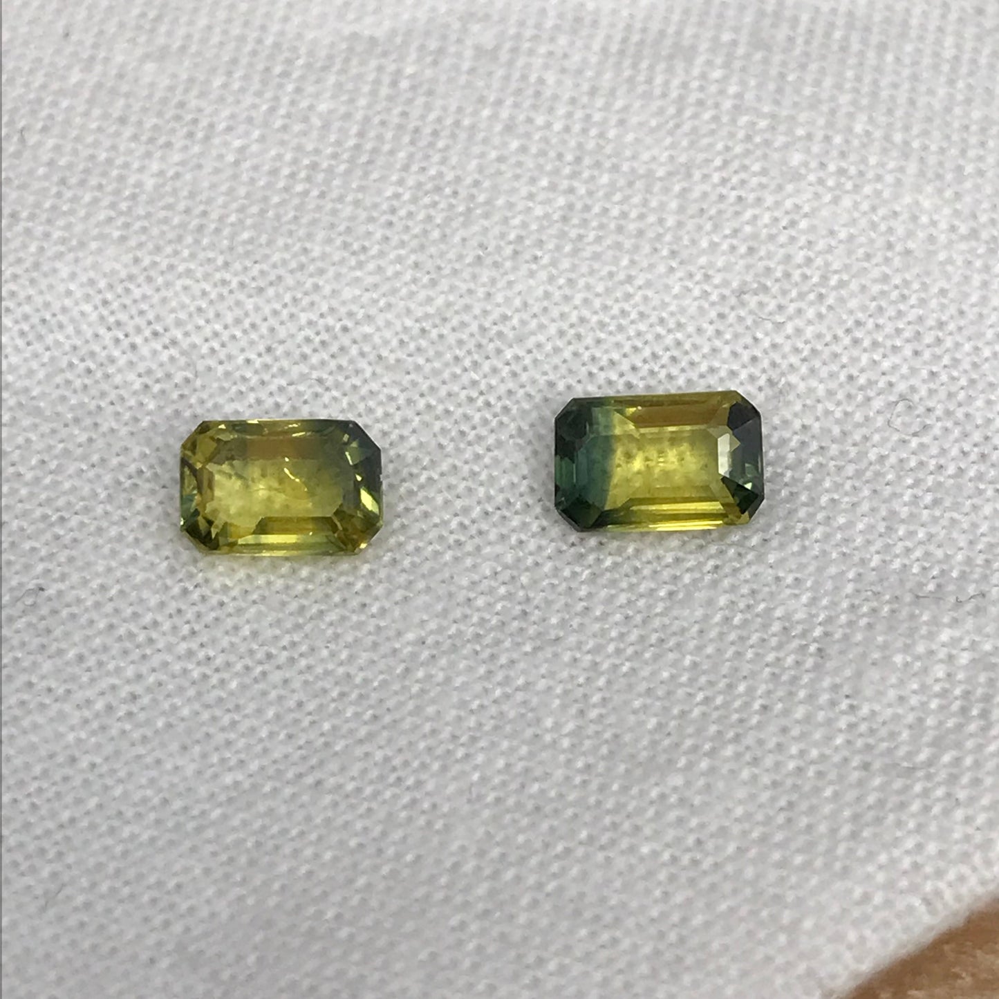 2 Natural Bi-Color Sapphires 6x4mm Yellow Green Sapphires, 0.72 ea. Pair of Emerald cut Sapphires, 1.47 CTW,