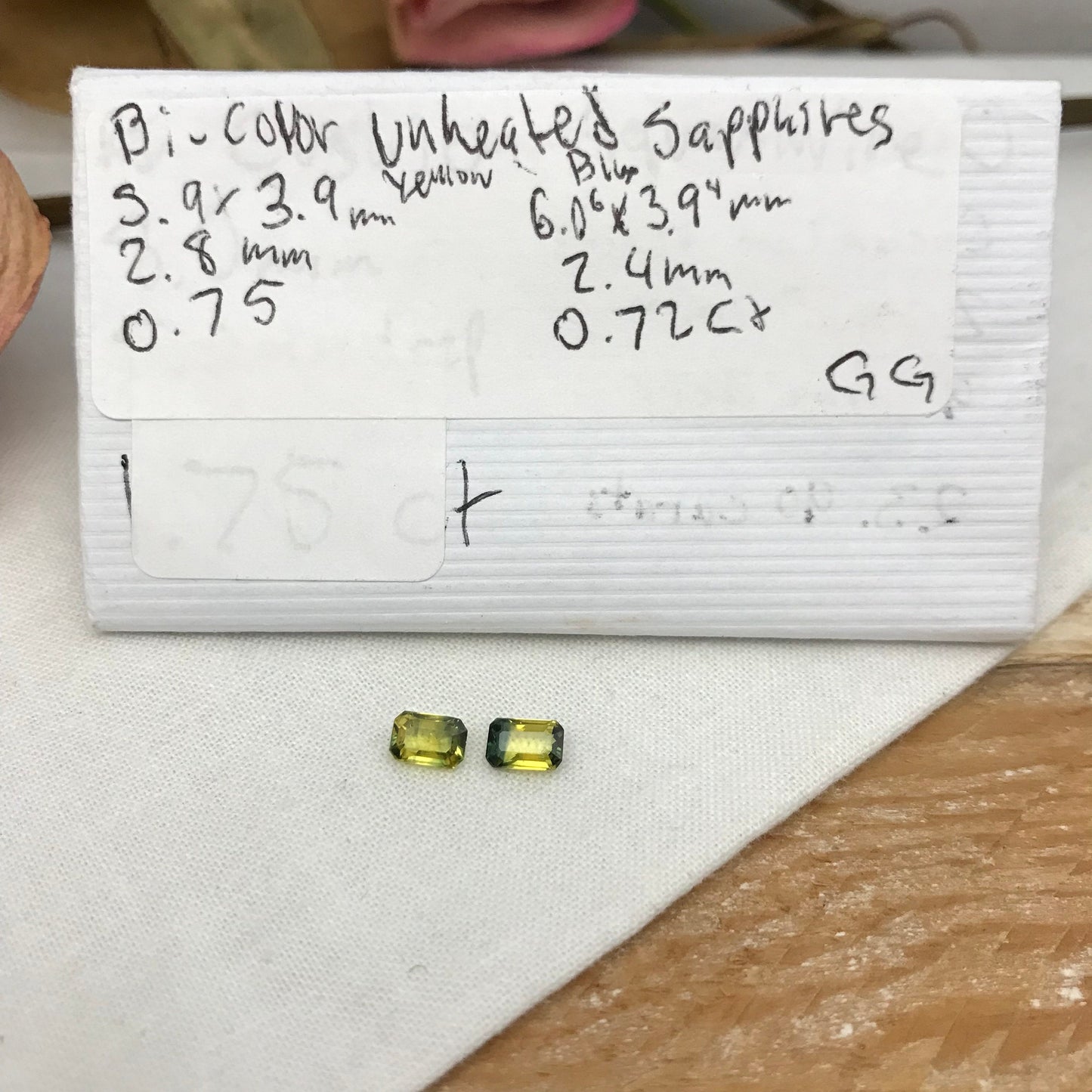 2 Natural Bi-Color Sapphires 6x4mm Yellow Green Sapphires, 0.72 ea. Pair of Emerald cut Sapphires, 1.47 CTW,