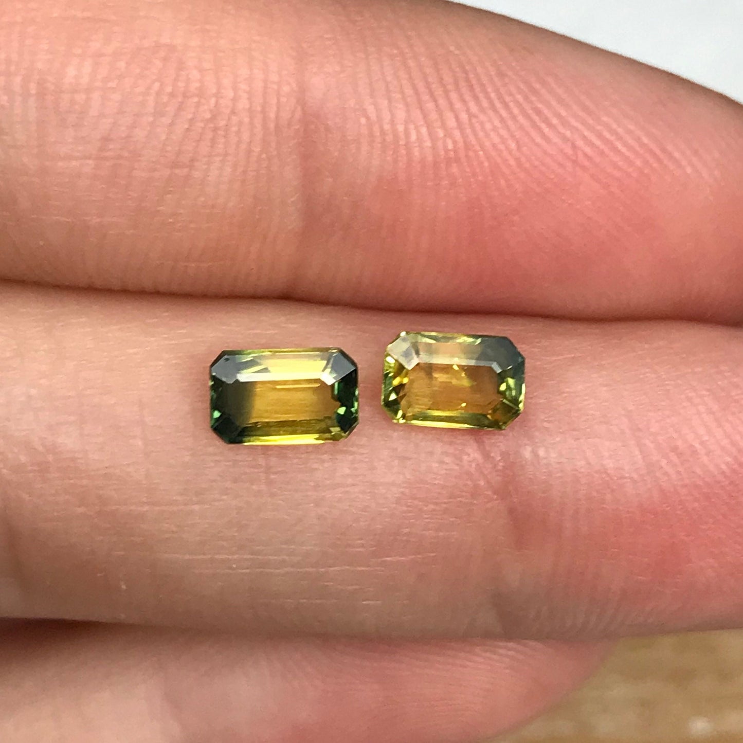 2 Natural Bi-Color Sapphires 6x4mm Yellow Green Sapphires, 0.72 ea. Pair of Emerald cut Sapphires, 1.47 CTW,