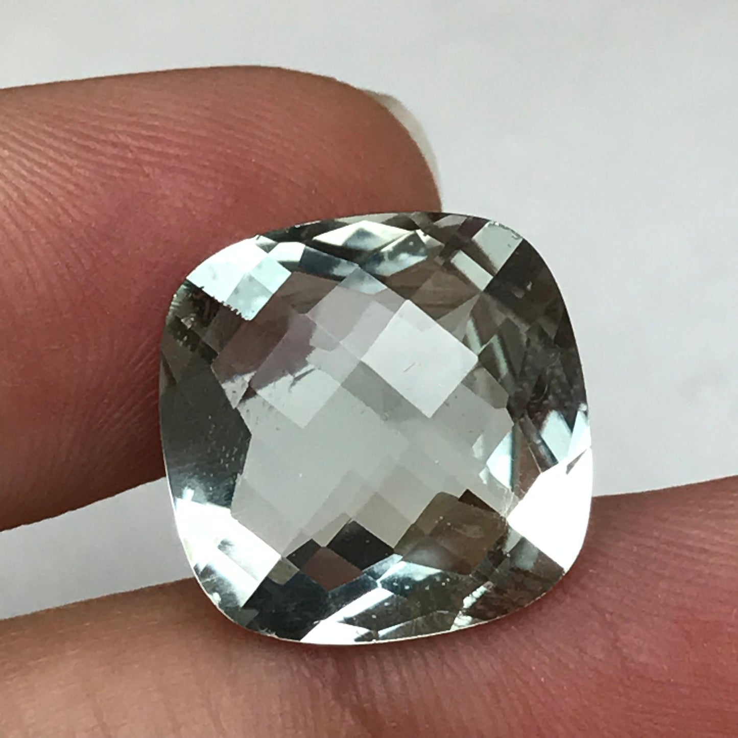 11.26 Carat Prasiolite 15.1mm Square Cushion Cut, Faceted Loose Light Green Quartz