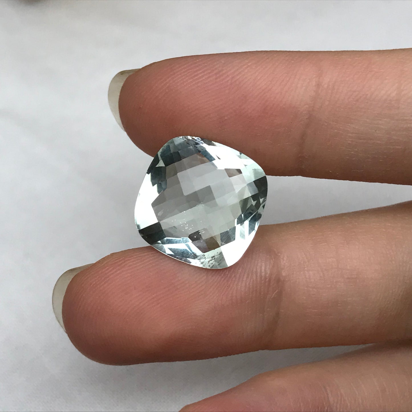 11.26 Carat Prasiolite 15.1mm Square Cushion Cut, Faceted Loose Light Green Quartz