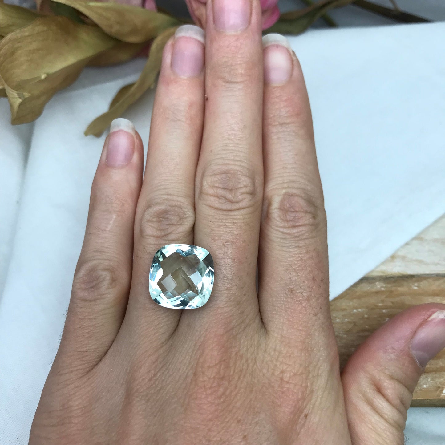 11.26 Carat Prasiolite 15.1mm Square Cushion Cut, Faceted Loose Light Green Quartz