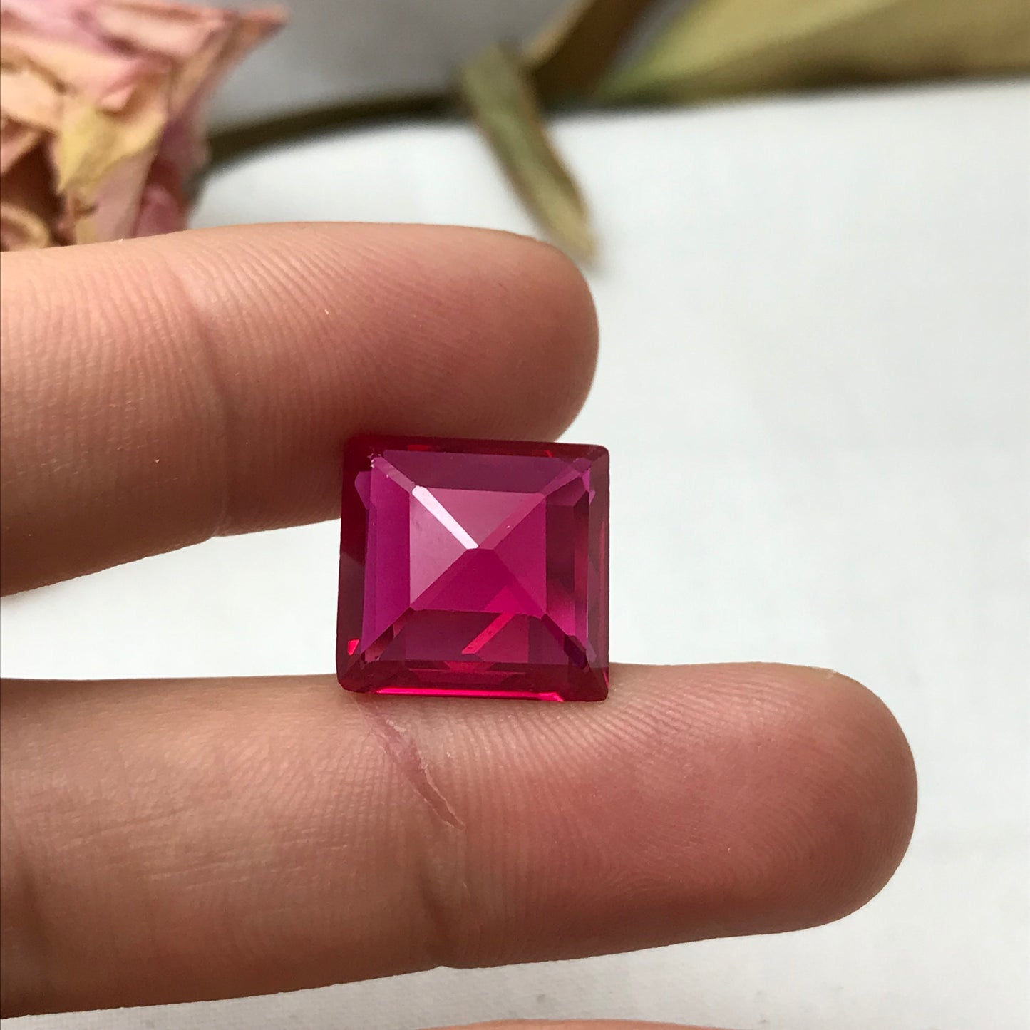 14 Carat Square Cut Lab Created Ruby, 14x13.5mm Loose Faceted Recycled Gemstone