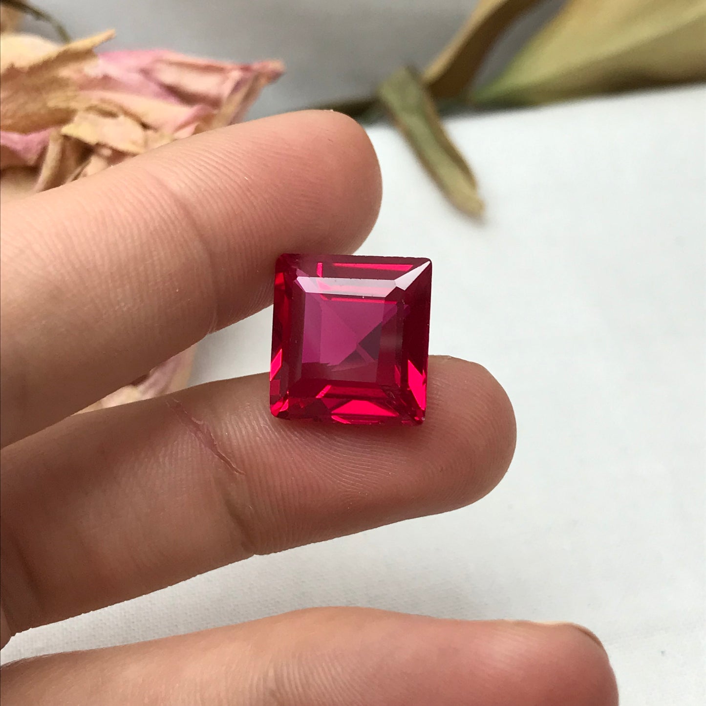 14 Carat Square Cut Lab Created Ruby, 14x13.5mm Loose Faceted Recycled Gemstone