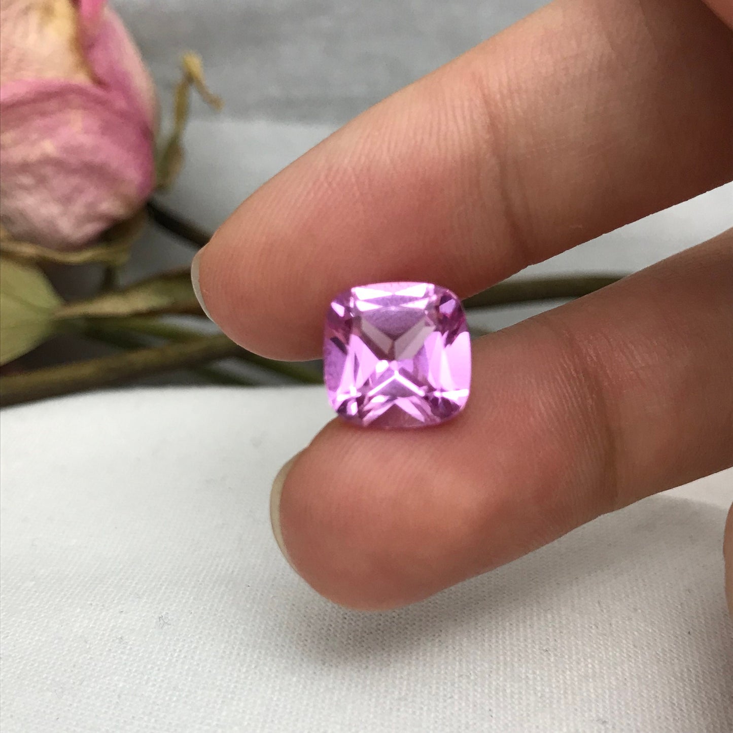 10mm Pink Lab Created Sapphire 5.39 Carat Square Cushion Cut, Faceted Loose Light Pink Gemstone