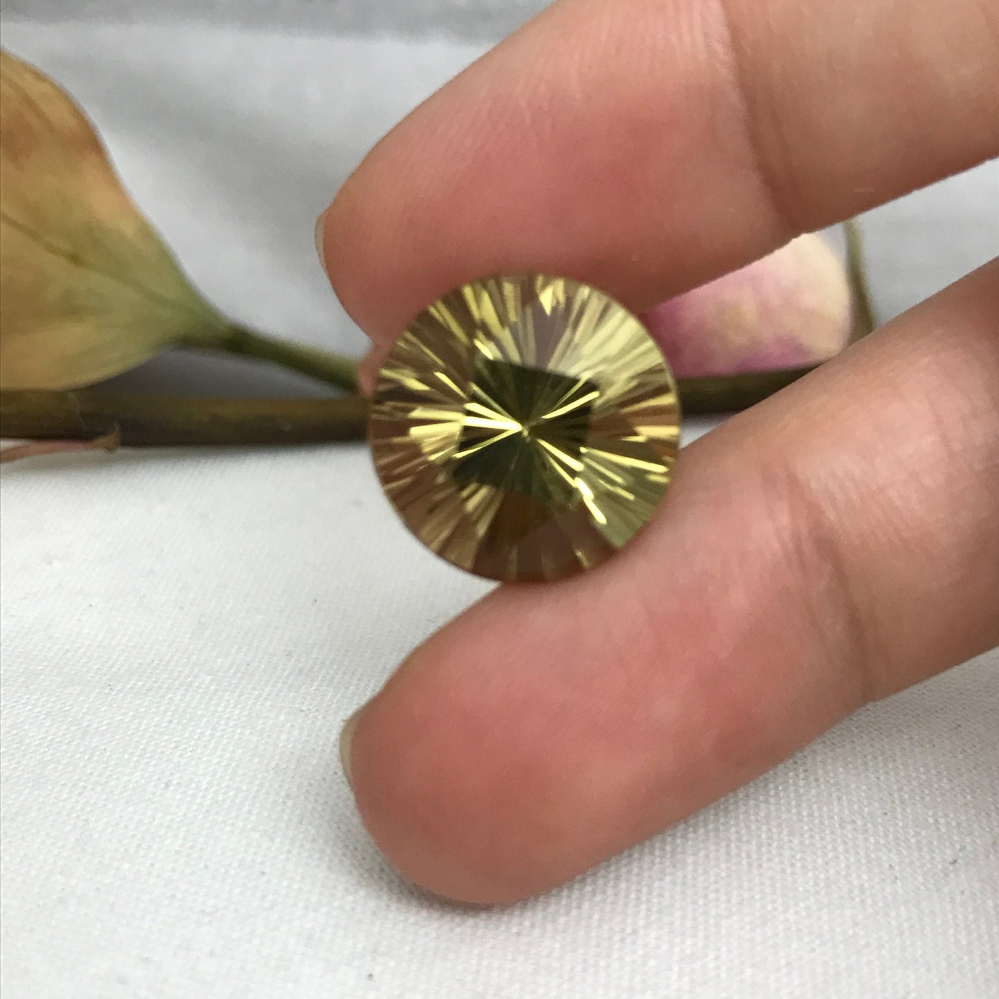 15mm Citrine Fancy Round Cut, 10.79 carat, Faceted Loose Yellow November Birthstone, Concave cut