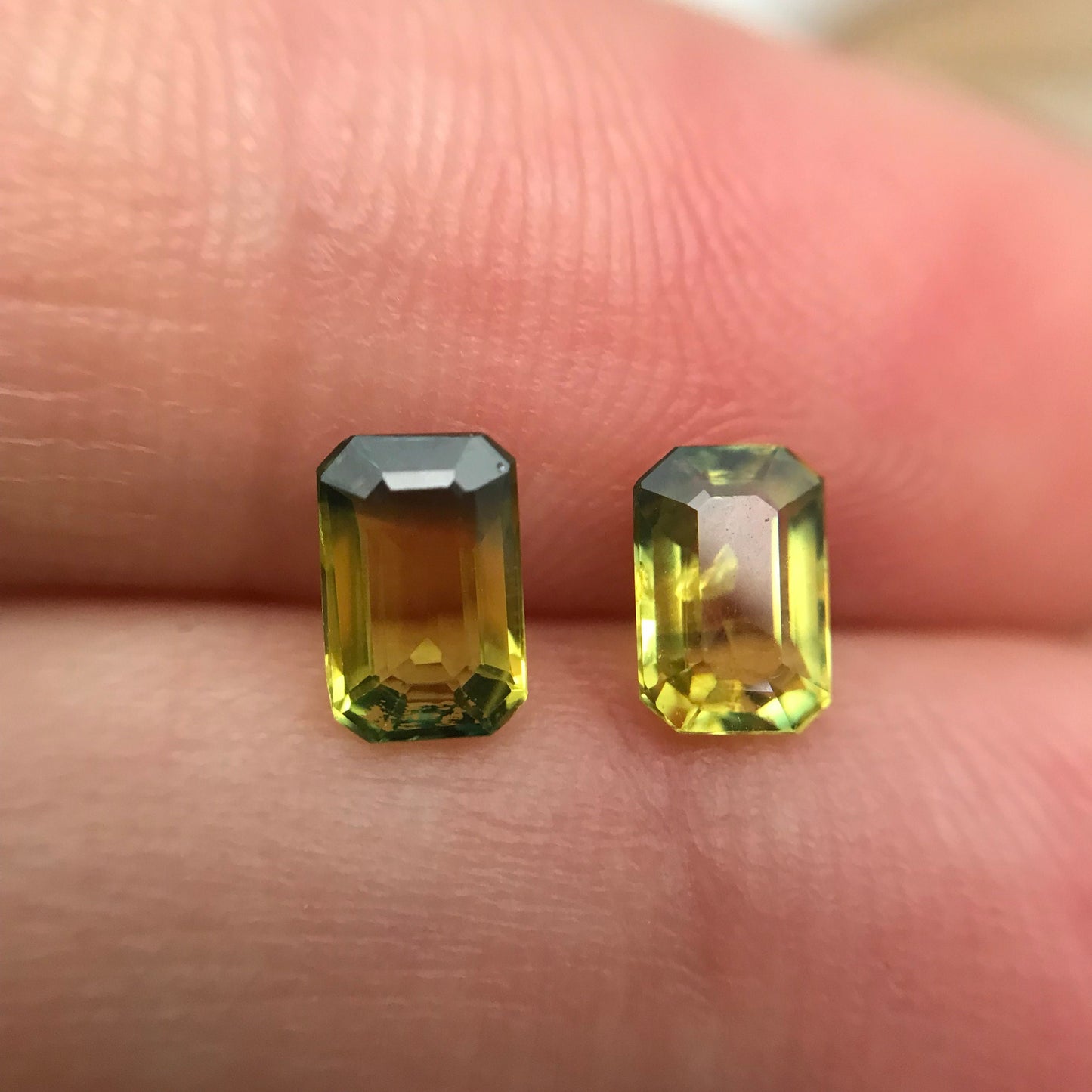 2 Natural Bi-Color Sapphires 6x4mm Yellow Green Sapphires, 0.72 ea. Pair of Emerald cut Sapphires, 1.47 CTW,