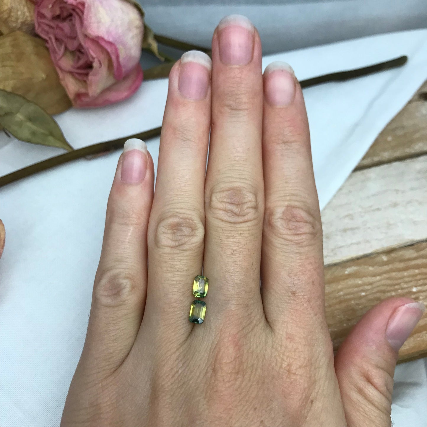 2 Natural Bi-Color Sapphires 6x4mm Yellow Green Sapphires, 0.72 ea. Pair of Emerald cut Sapphires, 1.47 CTW,