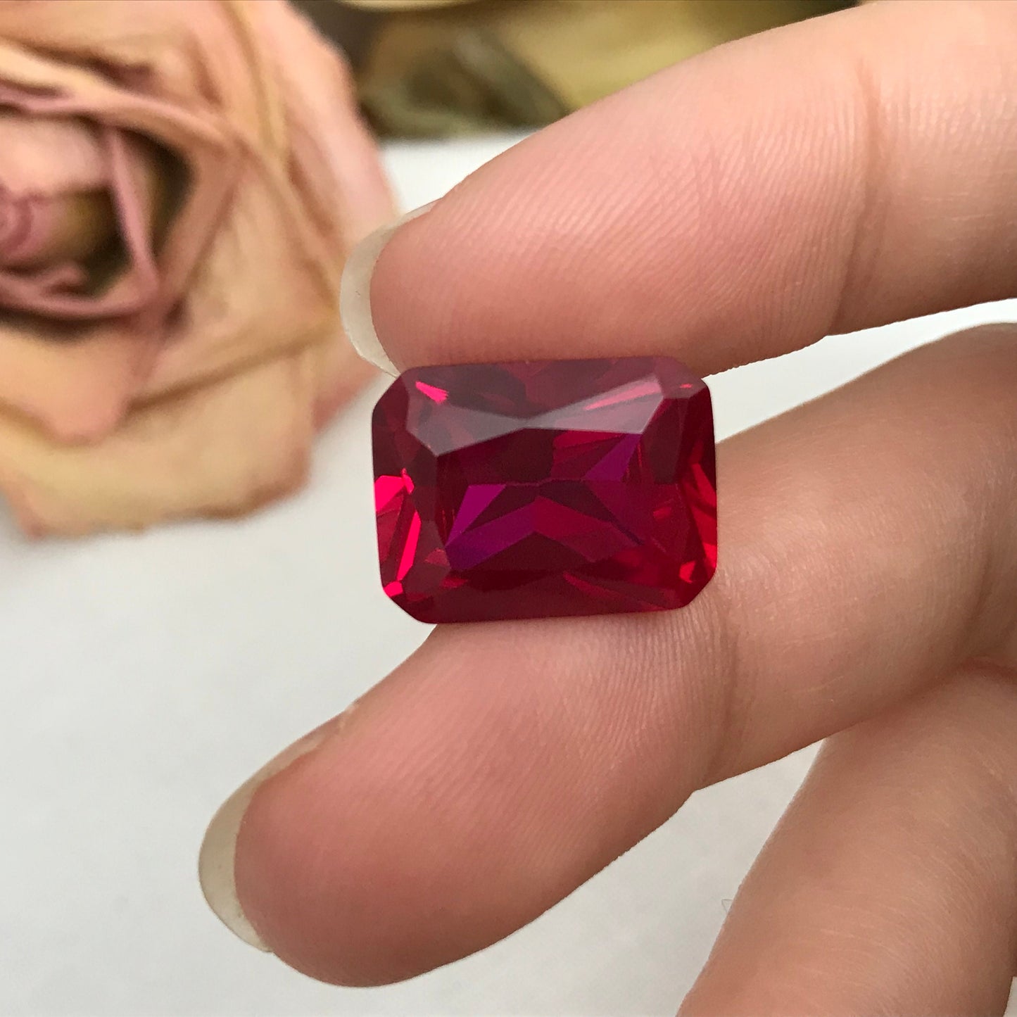 14 Carat Lab Ruby 16x12mm Rectangle Cut, Lab Created Faceted Loose Red Ruby