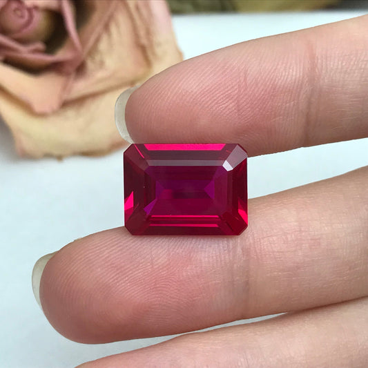 16x12mm Lab Created Ruby Emerald Cut, 13.89 carat Lab Created Faceted Loose Red Synthetic Corundum, Large Gem