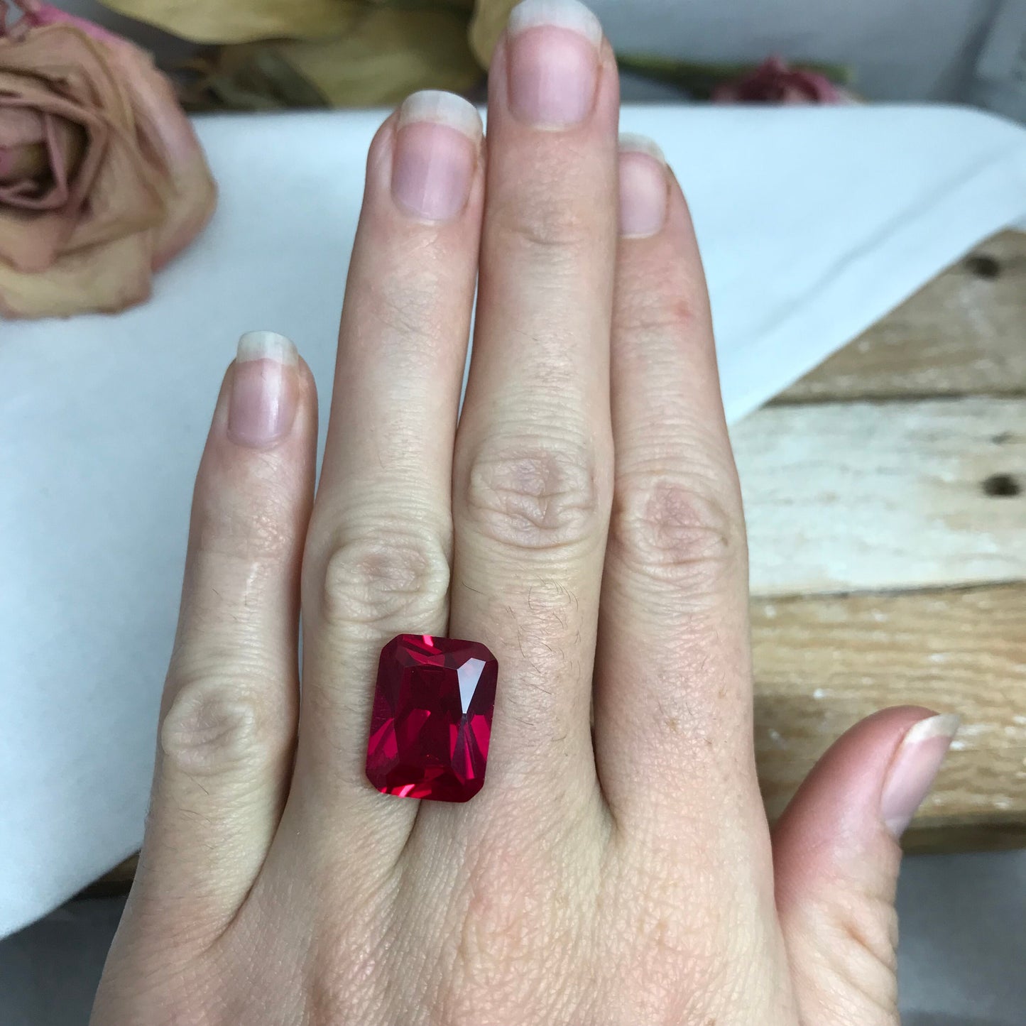 14 Carat Lab Ruby 16x12mm Rectangle Cut, Lab Created Faceted Loose Red Ruby