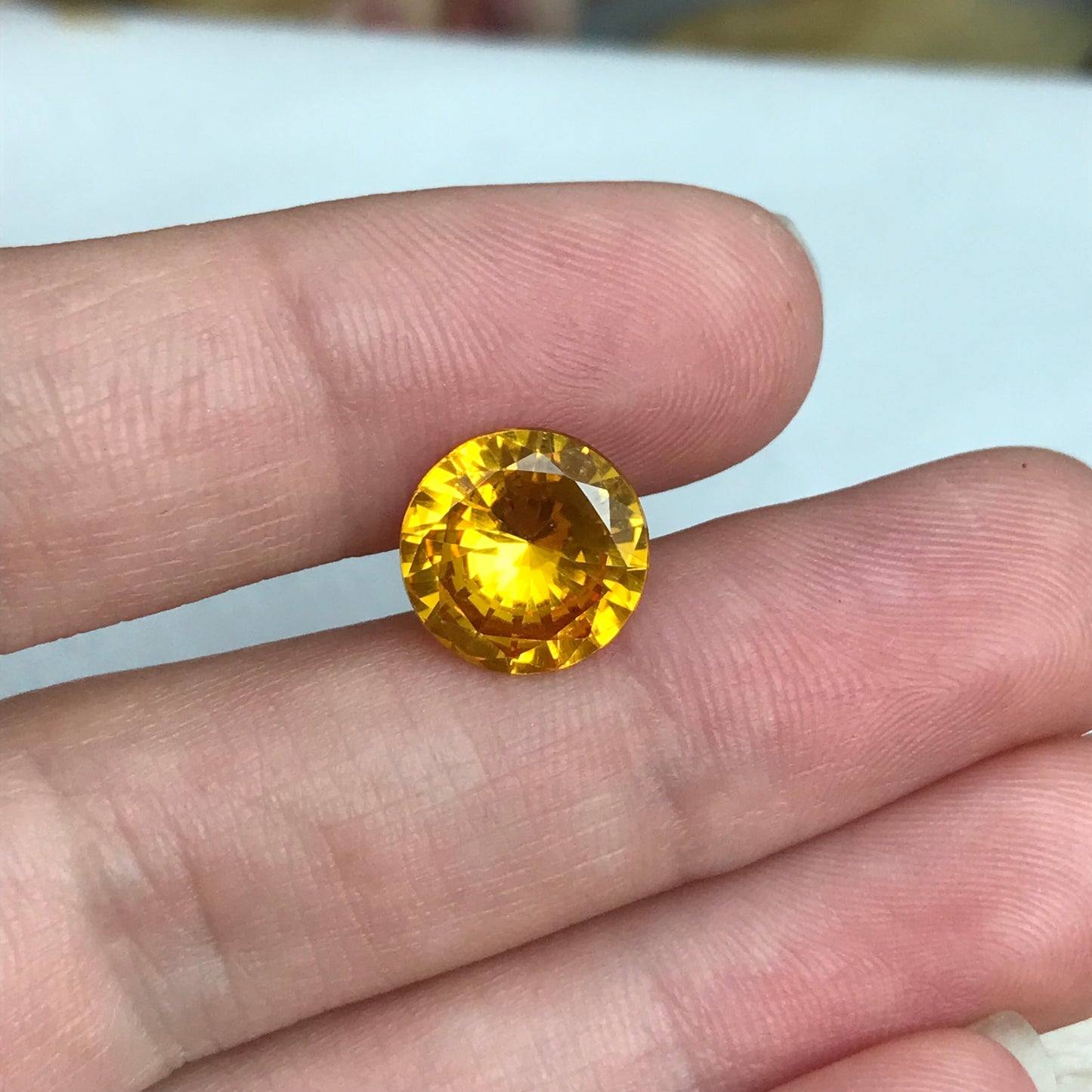 4.73 Ct Orange Yellow Synthetic Sapphire 10.7mm Round Cut, Faceted Loose Gemstone