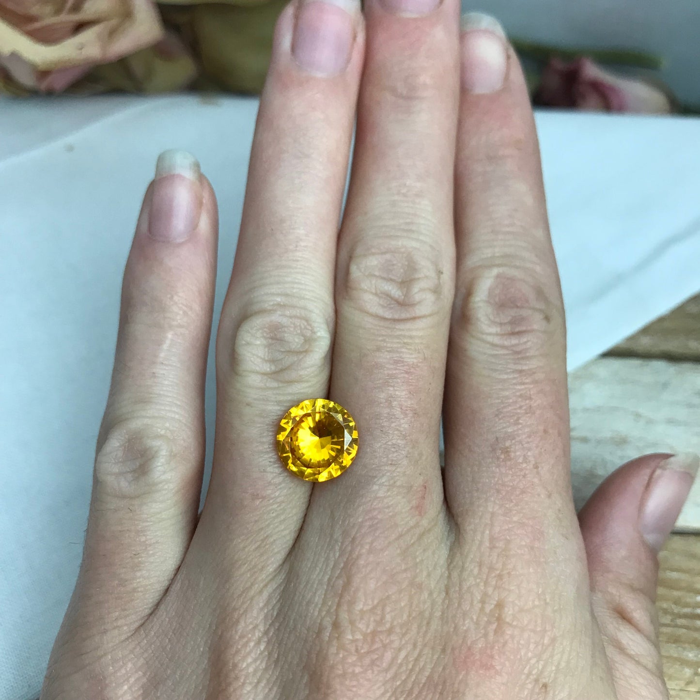 4.73 Ct Orange Yellow Synthetic Sapphire 10.7mm Round Cut, Faceted Loose Gemstone