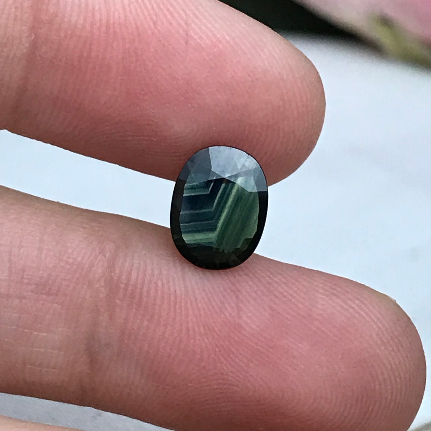 Blue Sapphire with Green Color Zoning 9.5x7.3mm Oval Cut, 1.69 Carat Faceted Loose Natural Shallow cut Sapphire
