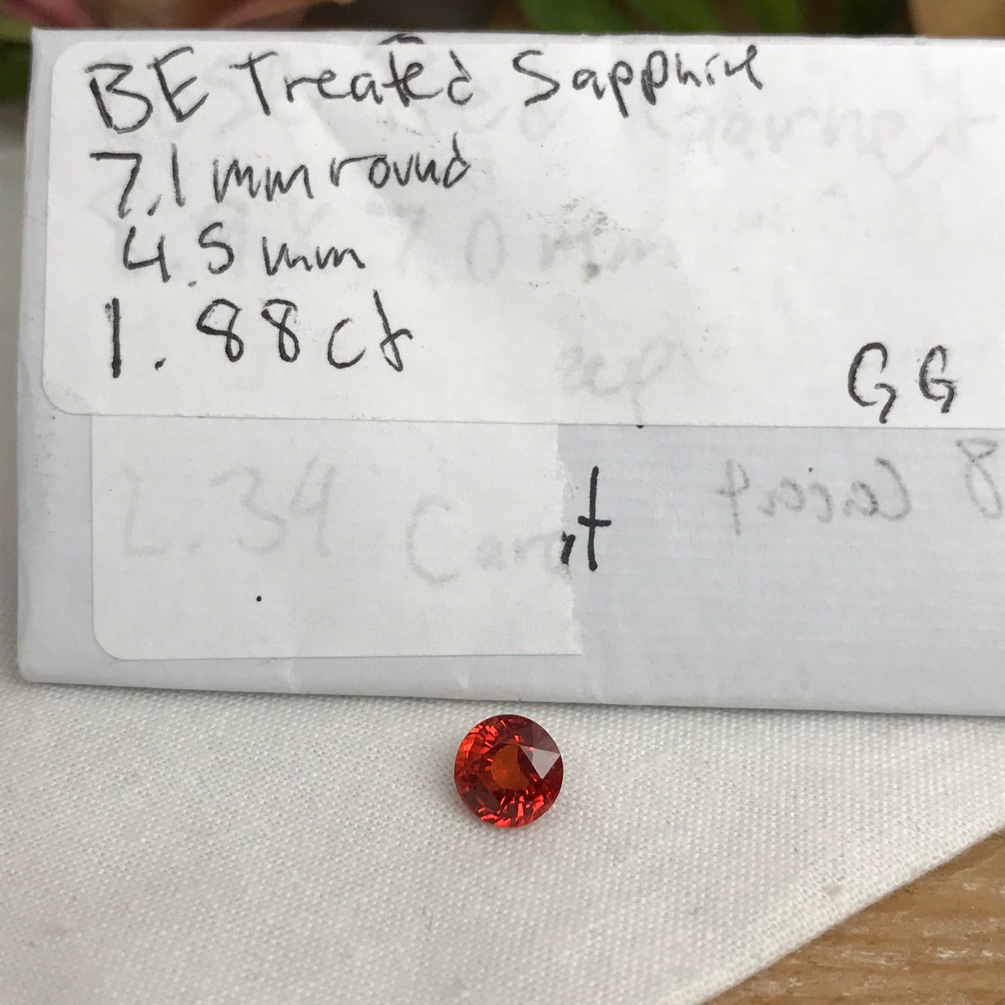 7mm Natural Bright Orange Sapphire 1.88 Carat Round Cut, Faceted Loose Reddish Orange Color Treated (BE) Sapphire