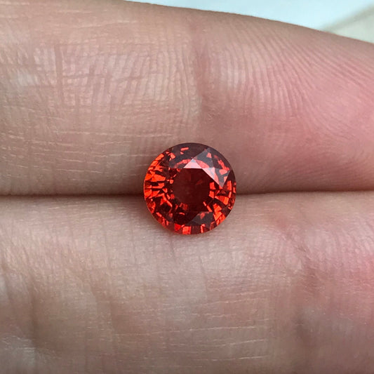 7mm Natural Bright Orange Sapphire 1.88 Carat Round Cut, Faceted Loose Reddish Orange Color Treated (BE) Sapphire