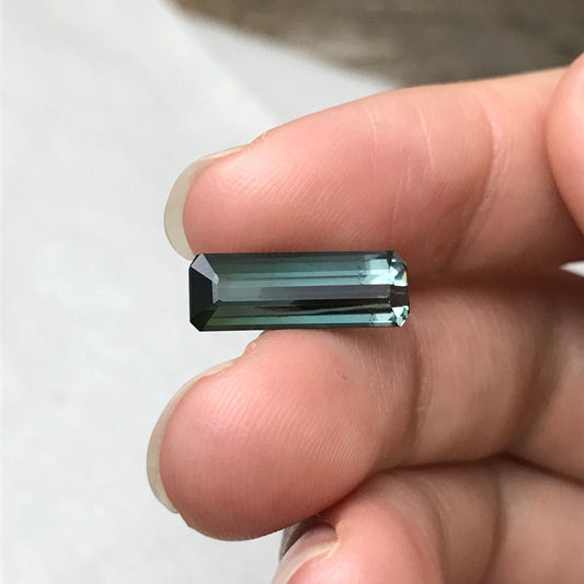 Natural Bi-Color Tourmaline 4.68 carat, 16.3x5.7 Rectangle Octagon Cut Faceted Loose, Green- Bluish Green
