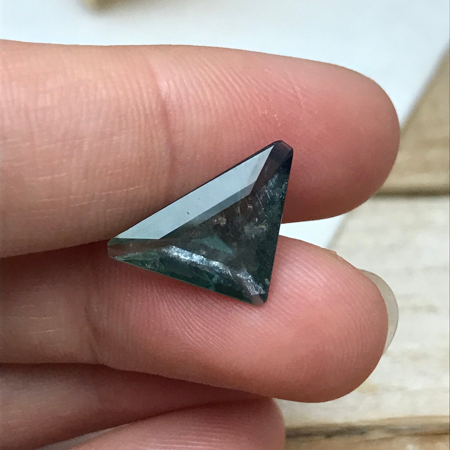 3.83ct Natural Green Sapphire, 17x11mm Triangle Cut, Heated Bluish Green Sapphire with Shiny Flaws, Faceted Loose Gemstone