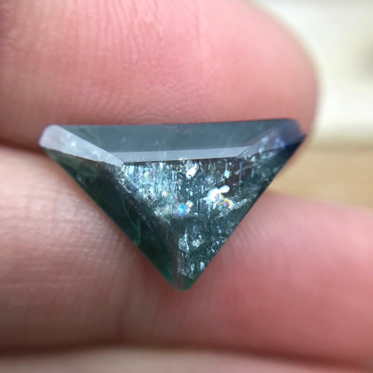 3.83ct Natural Green Sapphire, 17x11mm Triangle Cut, Heated Bluish Green Sapphire with Shiny Flaws, Faceted Loose Gemstone
