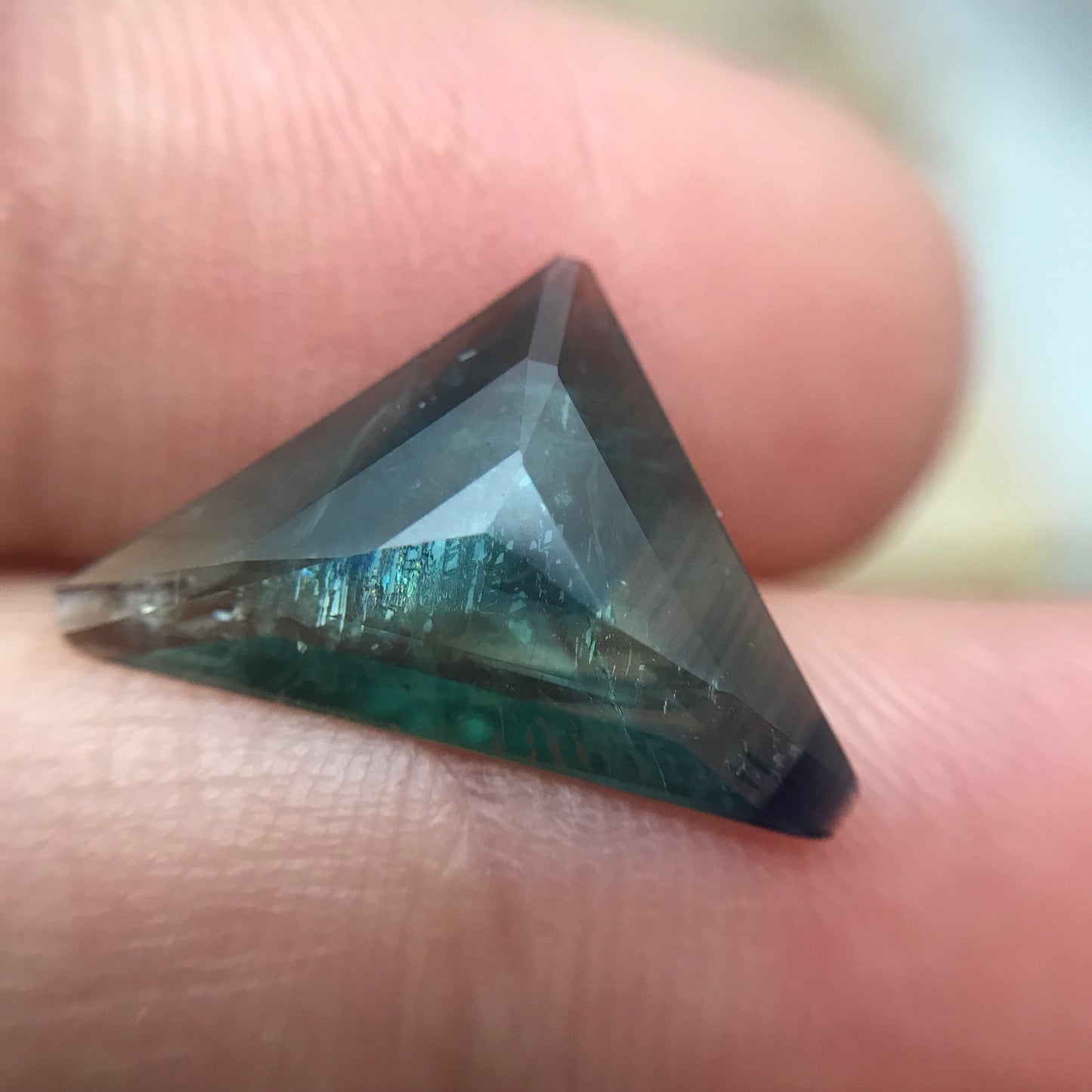 3.83ct Natural Green Sapphire, 17x11mm Triangle Cut, Heated Bluish Green Sapphire with Shiny Flaws, Faceted Loose Gemstone