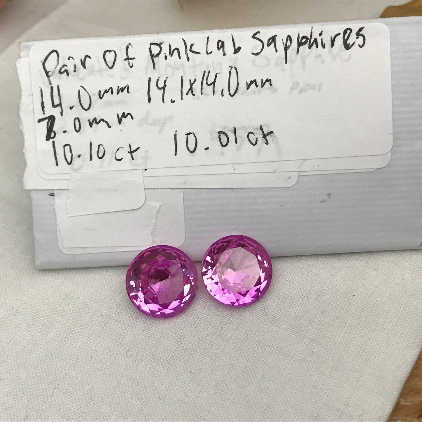 Pair of 14mm Pink Lab Created Sapphire, 20CTW Round Cut, Loose Faceted Gemstone, 10 carats each