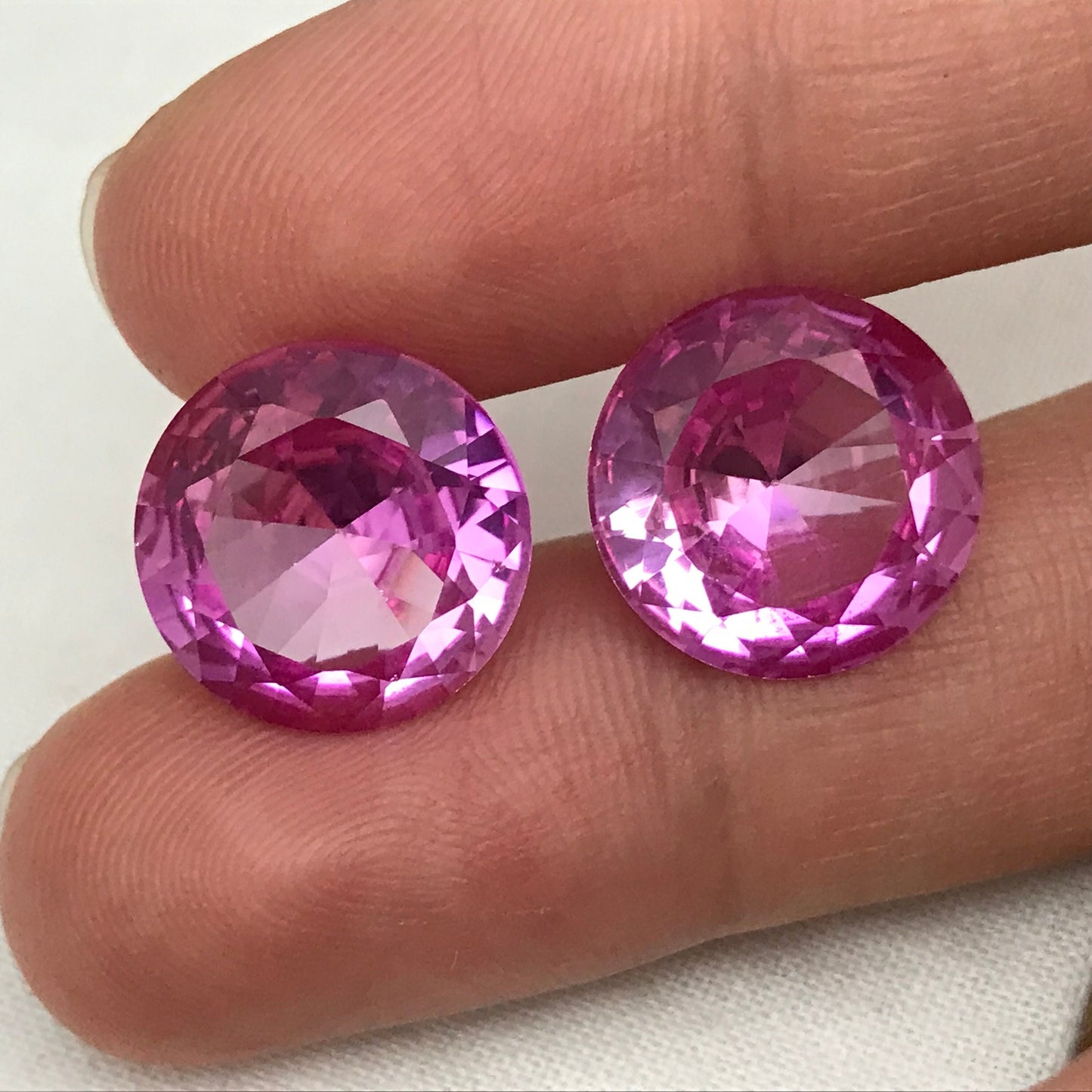 Pair of 14mm Pink Lab Created Sapphire, 20CTW Round Cut, Loose Faceted Gemstone, 10 carats each