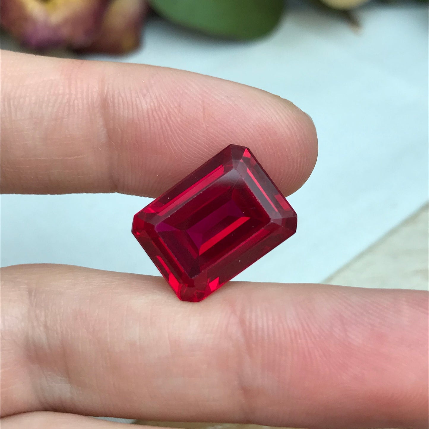 16x12mm Lab Created Ruby Emerald Cut, 15 carat Recycled Large Synthetic Gem