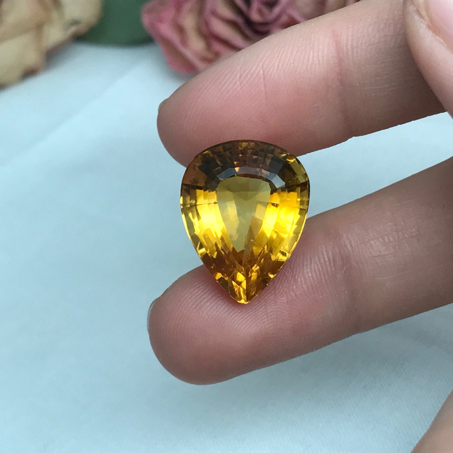 19 Carat Golden Citrine 19.9x15.75mm Pear Cut, Faceted Loose Orange Yellow Quartz