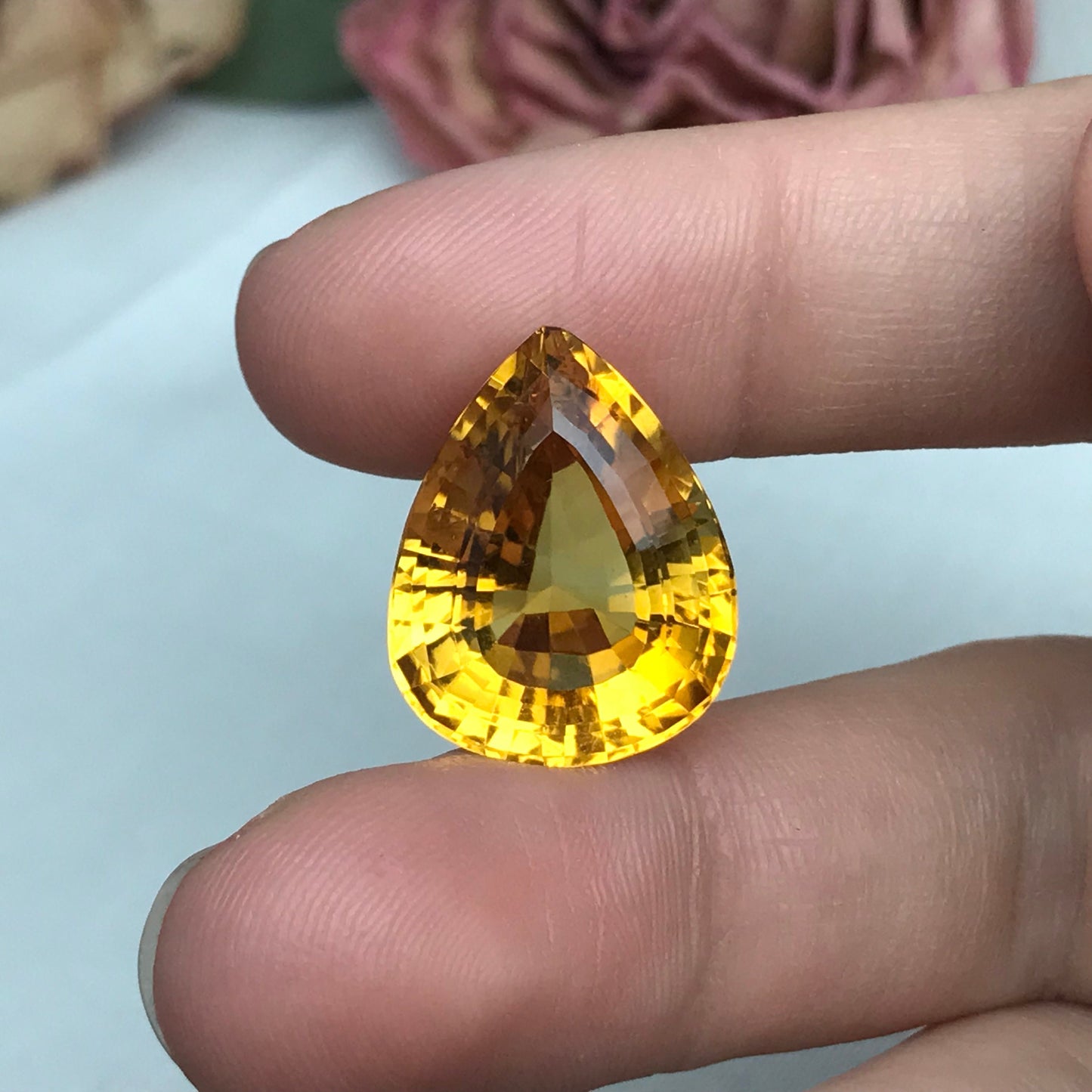 19 Carat Golden Citrine 19.9x15.75mm Pear Cut, Faceted Loose Orange Yellow Quartz