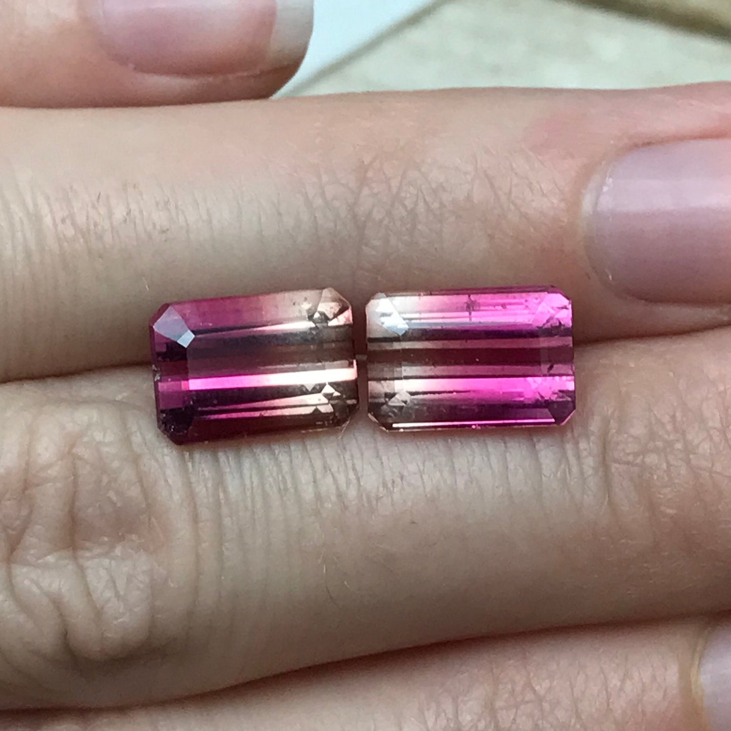 Pair of Natural Bi-Color Pink Tourmaline 6.76TCW Emerald cut Pink and Yellow Tourmaline Approx. 10.6x7.4mm