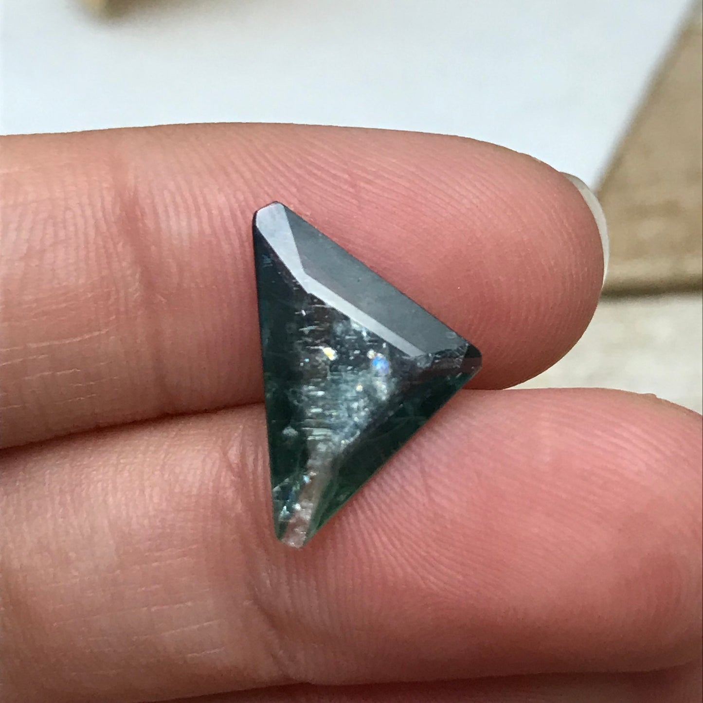 3.83ct Natural Green Sapphire, 17x11mm Triangle Cut, Heated Bluish Green Sapphire with Shiny Flaws, Faceted Loose Gemstone