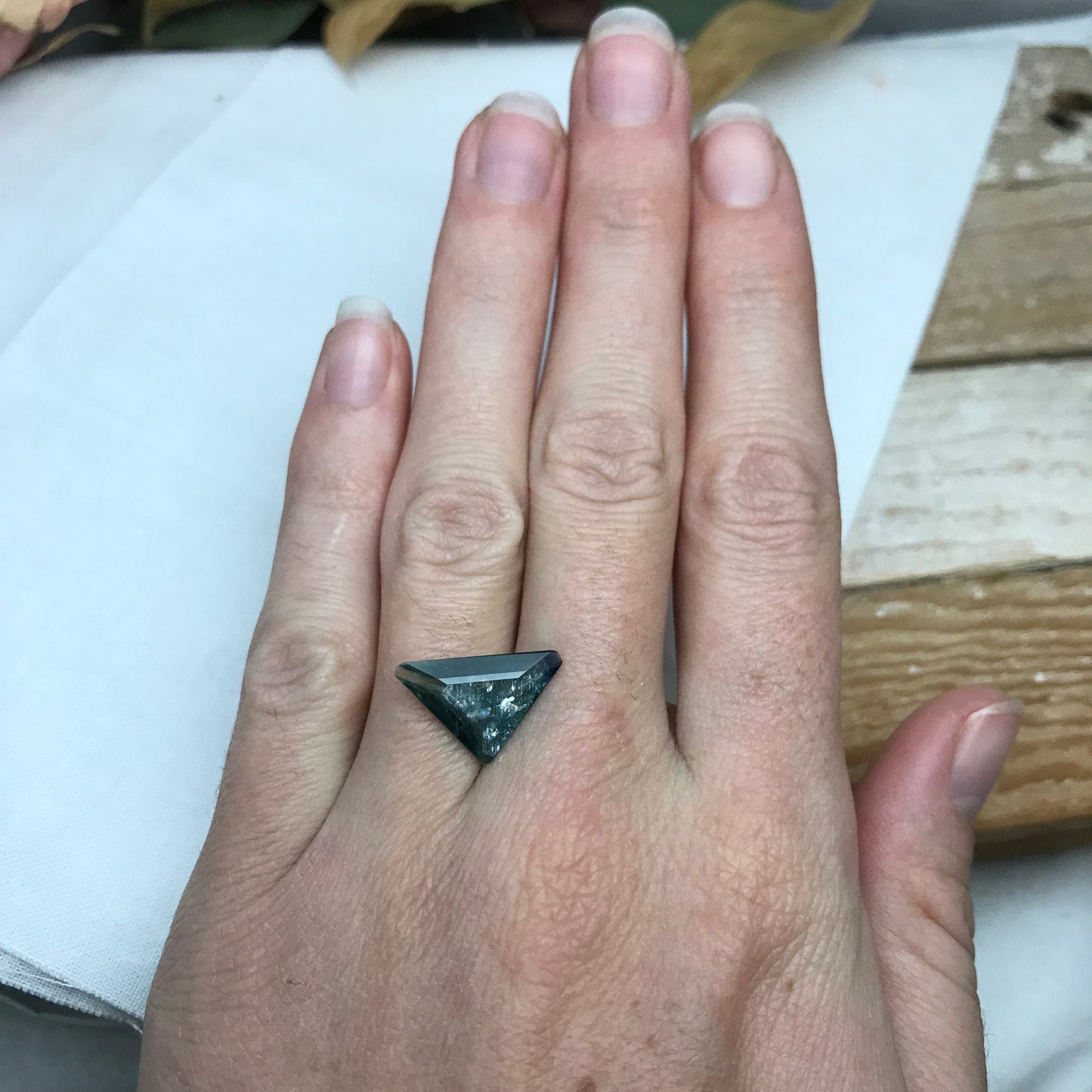 3.83ct Natural Green Sapphire, 17x11mm Triangle Cut, Heated Bluish Green Sapphire with Shiny Flaws, Faceted Loose Gemstone