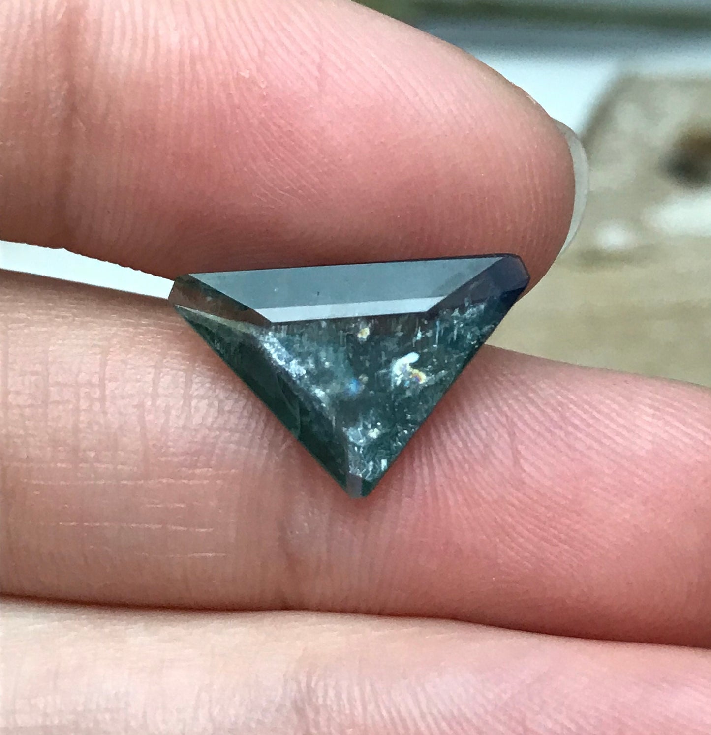 3.83ct Natural Green Sapphire, 17x11mm Triangle Cut, Heated Bluish Green Sapphire with Shiny Flaws, Faceted Loose Gemstone