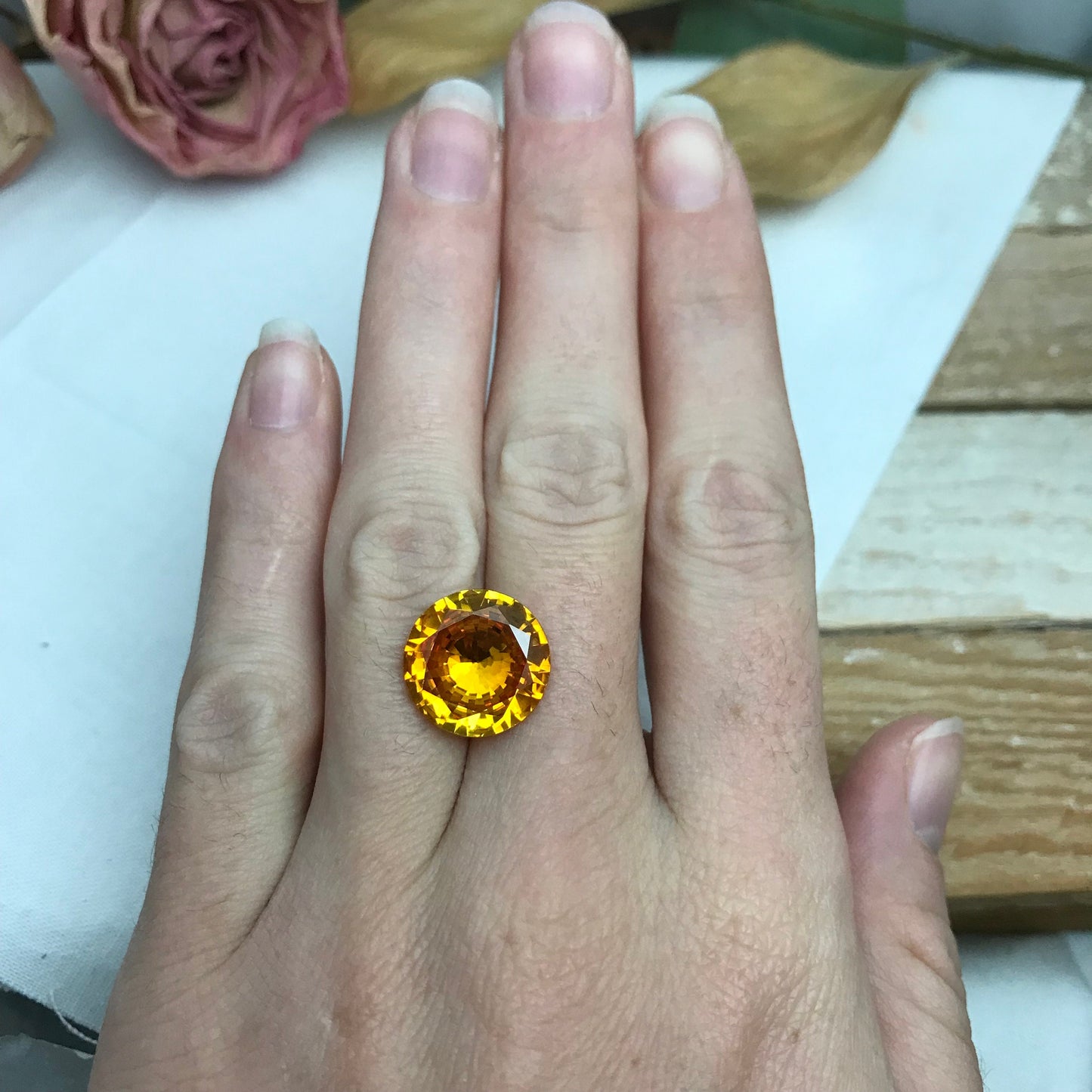 14mm Round Orange Yellow Synthetic Sapphire, 10 carat, Faceted Loose Gemstone