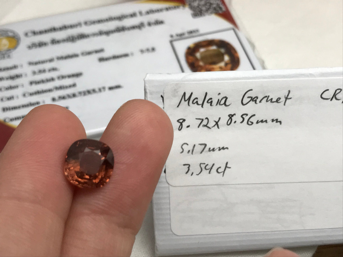 3.54 Carat Malaia Garnet 8.72x8.56mm Cushion Cut, Faceted Loose Unmounted Gemstone, Reddish Orange