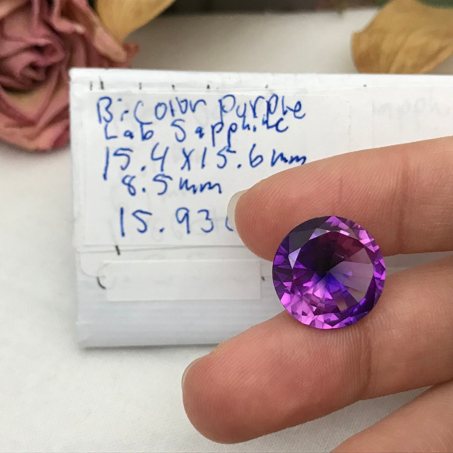 15.93 Ct Lab Created Purple Sapphire 15.5mm  Round Brilliant Cut, Lab Bi-Color Gemstone