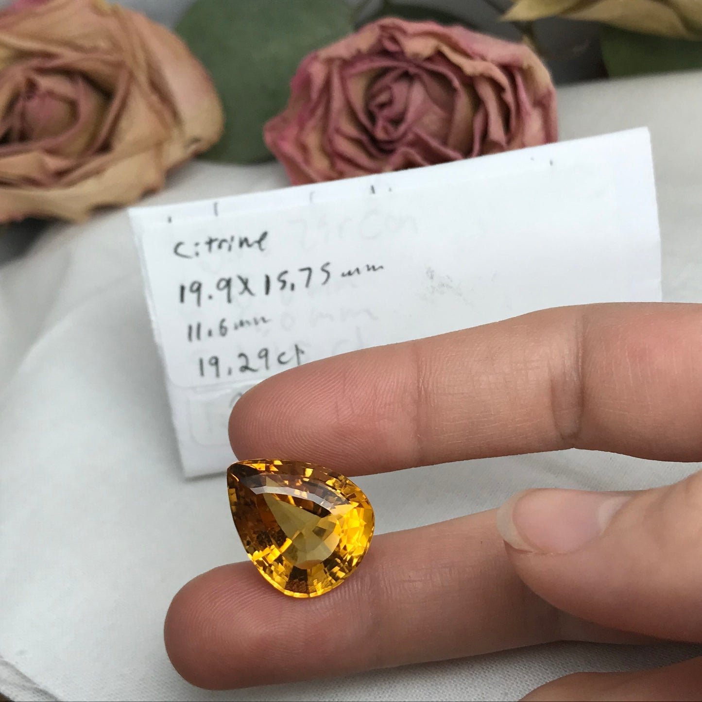 19 Carat Golden Citrine 19.9x15.75mm Pear Cut, Faceted Loose Orange Yellow Quartz
