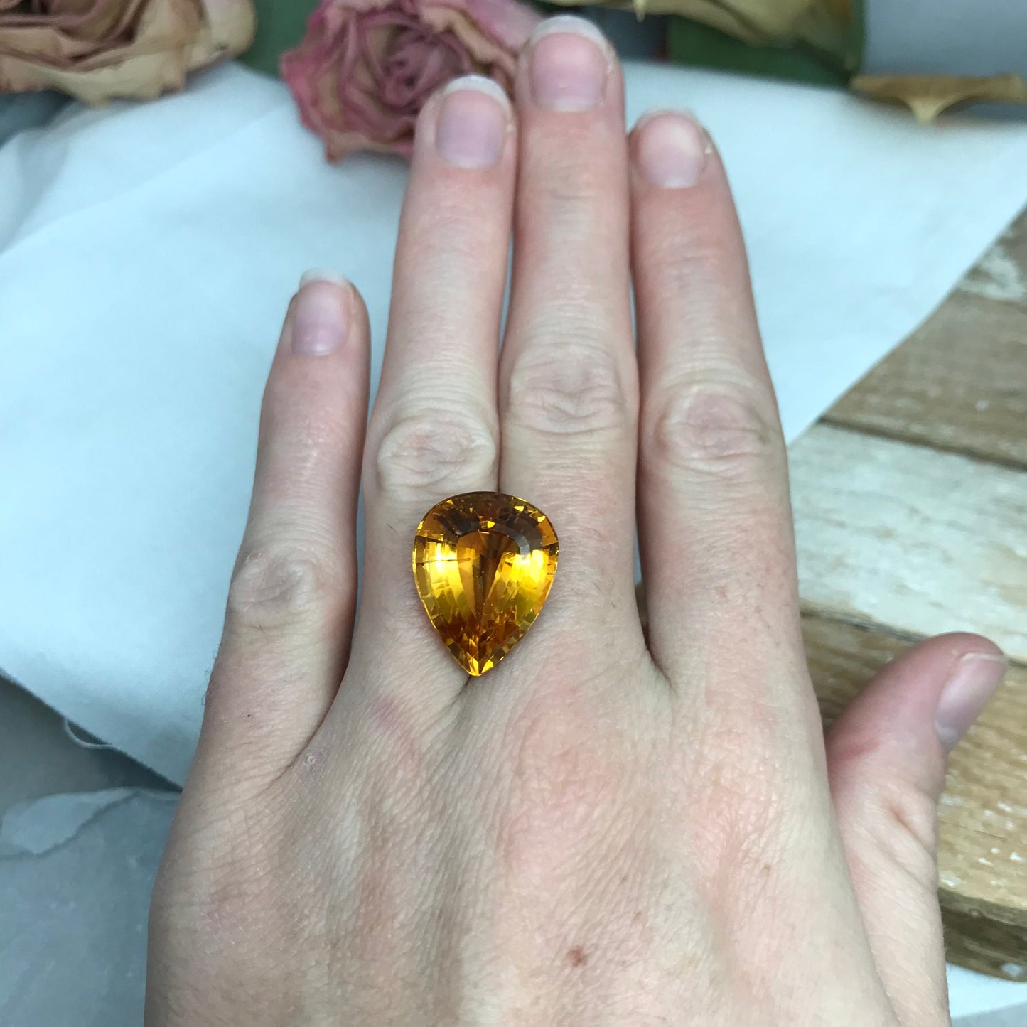 19 Carat Golden Citrine 19.9x15.75mm Pear Cut, Faceted Loose Orange Yellow Quartz