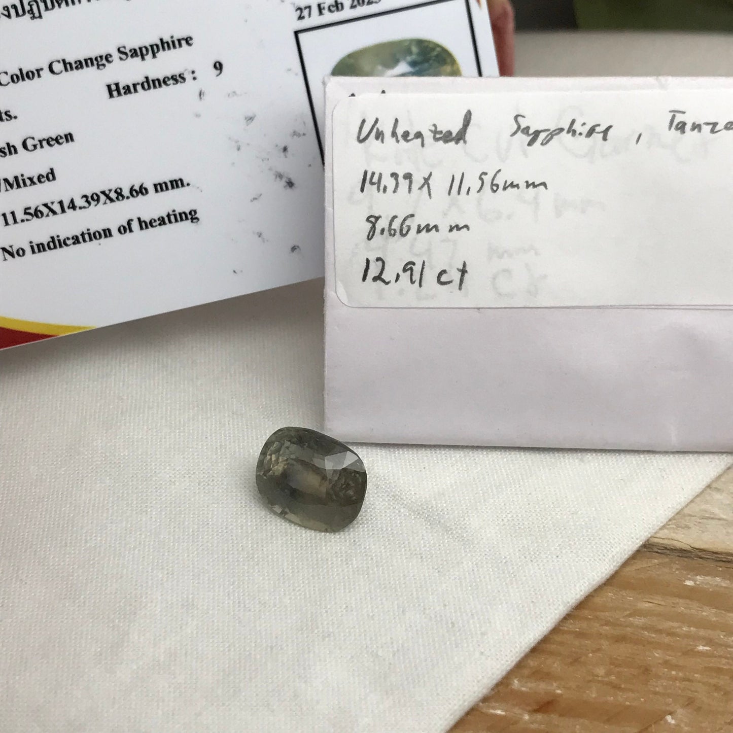 12.91 Carat Color Change Sapphire 14.39x11.56mm Cushion Cut, Green Yellow to Purple, Natural Unheated Faceted Loose Sapphire, Tanzania