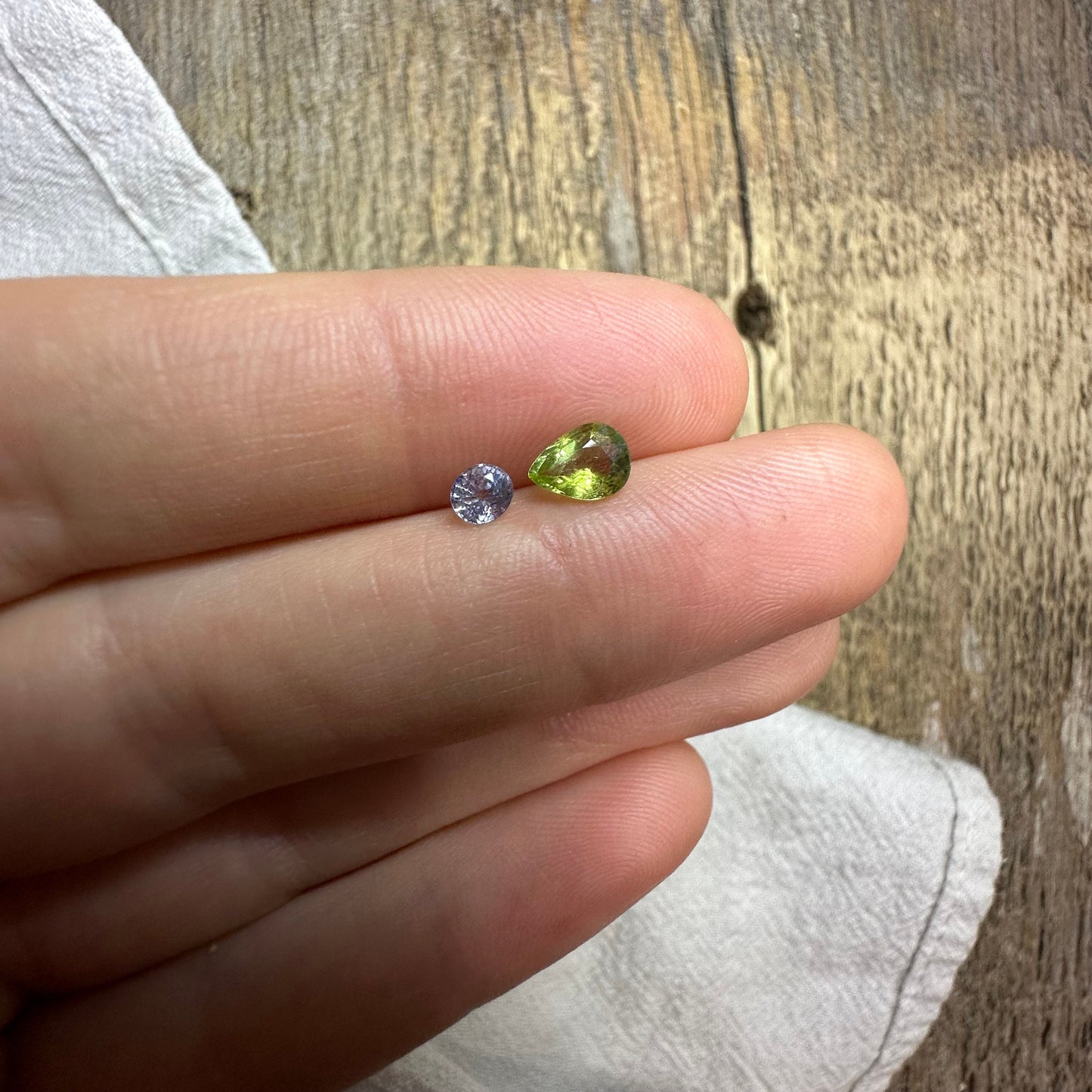 Natural Blue Light Sapphire and Green Tourmaline Parcel, 6x4.5mm Pear cut Tourmaline and 3.8x3.4mm Sapphire
