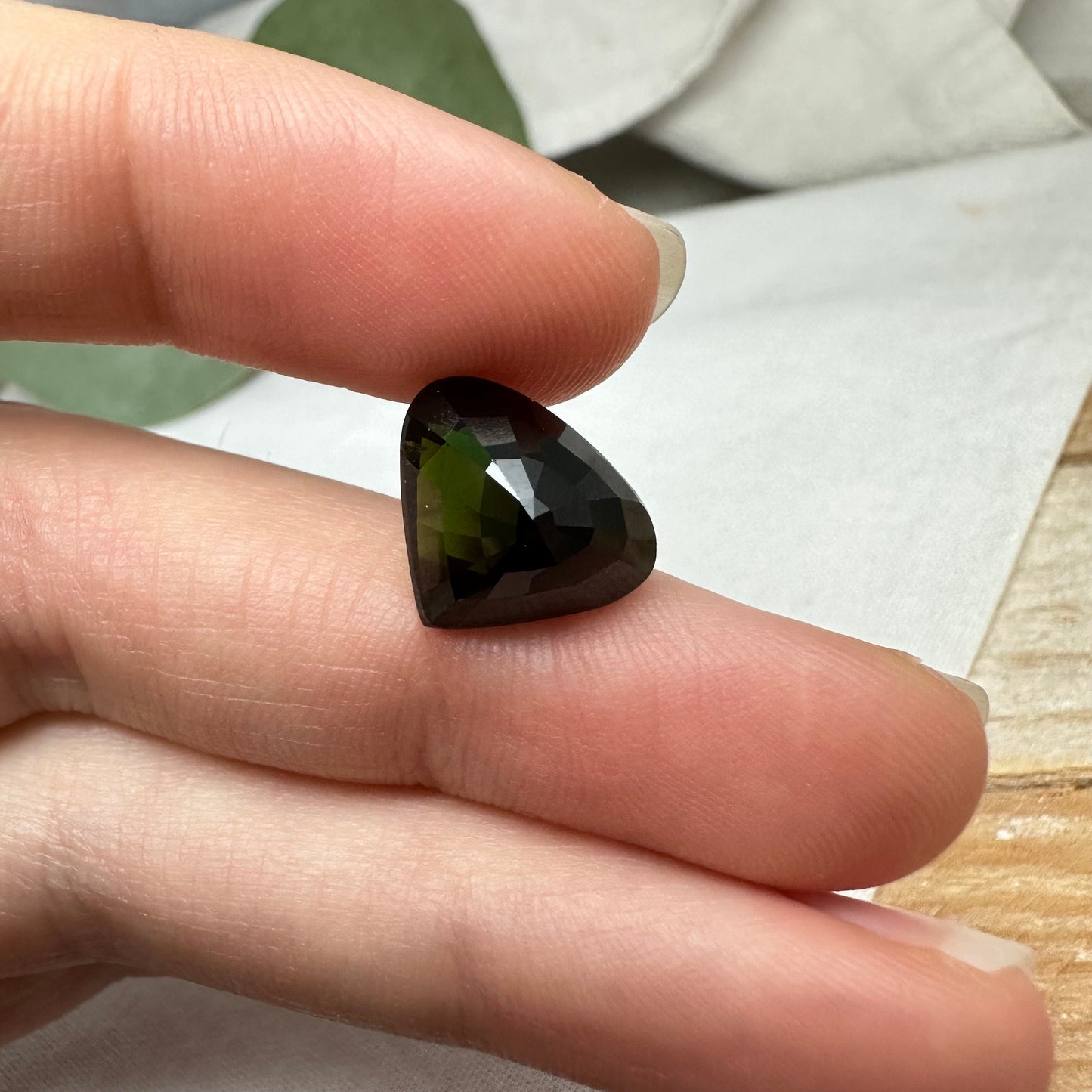 Large Natural Dark Green Tourmaline 13.7x11.6mm 7.25 carat, Fat Pear Cut Faceted