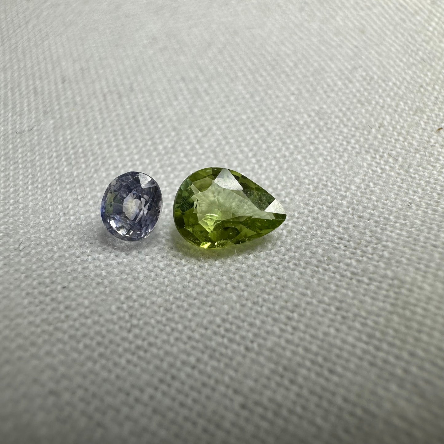 Natural Blue Light Sapphire and Green Tourmaline Parcel, 6x4.5mm Pear cut Tourmaline and 3.8x3.4mm Sapphire