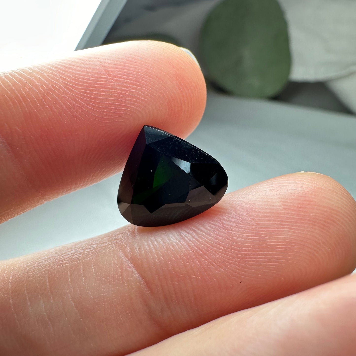 Large Natural Dark Green Tourmaline 13.7x11.6mm 7.25 carat, Fat Pear Cut Faceted