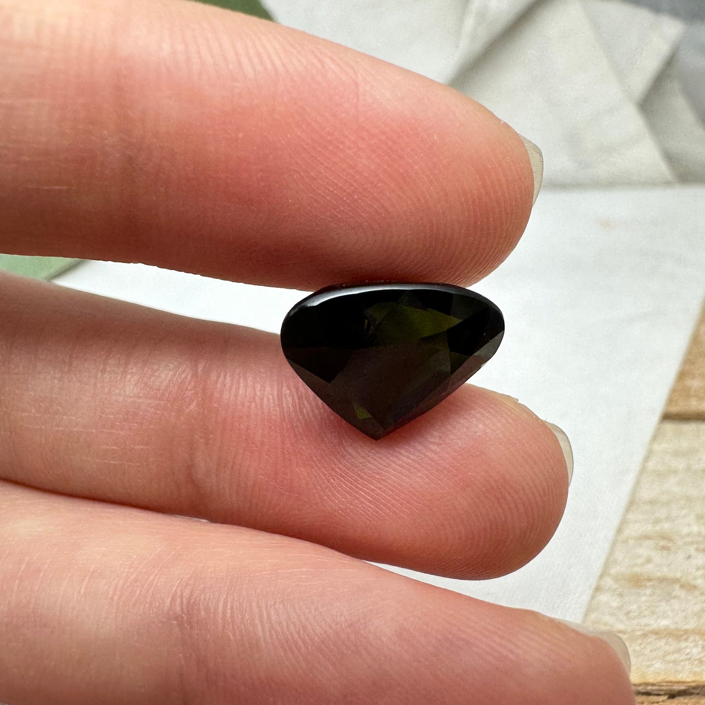 Large Natural Dark Green Tourmaline 13.7x11.6mm 7.25 carat, Fat Pear Cut Faceted