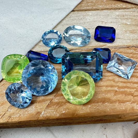 116 carat Lot of Lab Created Spinel 12 stones, Discounted Worn, Faceted, Recycled, Chipped, Damaged Gemstones, Blue and Yellow Green