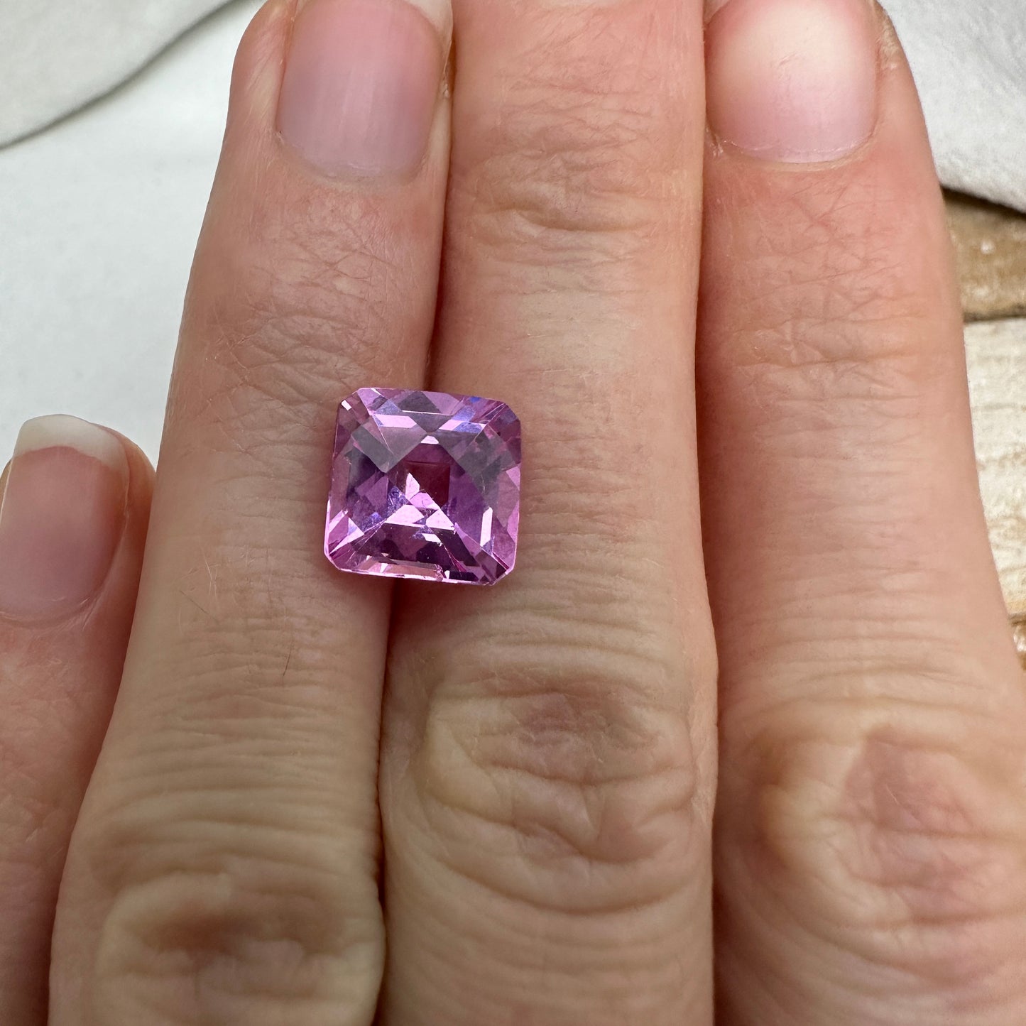 9mm Pink Lab Created Sapphire 5.09 Carat Checkerboard Square Cushion Cut