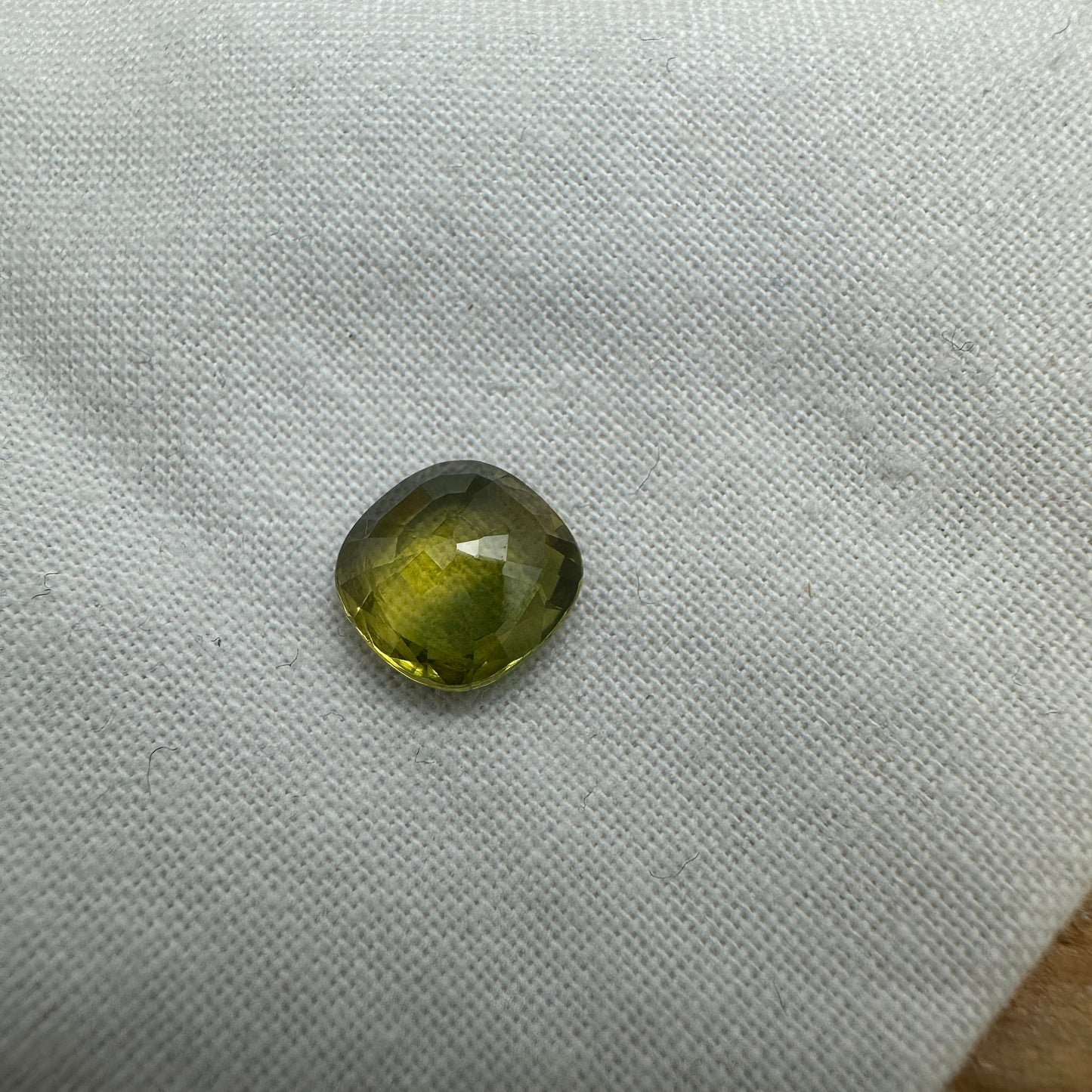 8.5mm BE Treated Natural Sapphire 2.73 Cushion Corundum, BERYLLIUM TREATED, Faceted Loose Yellow-Green Sapphire