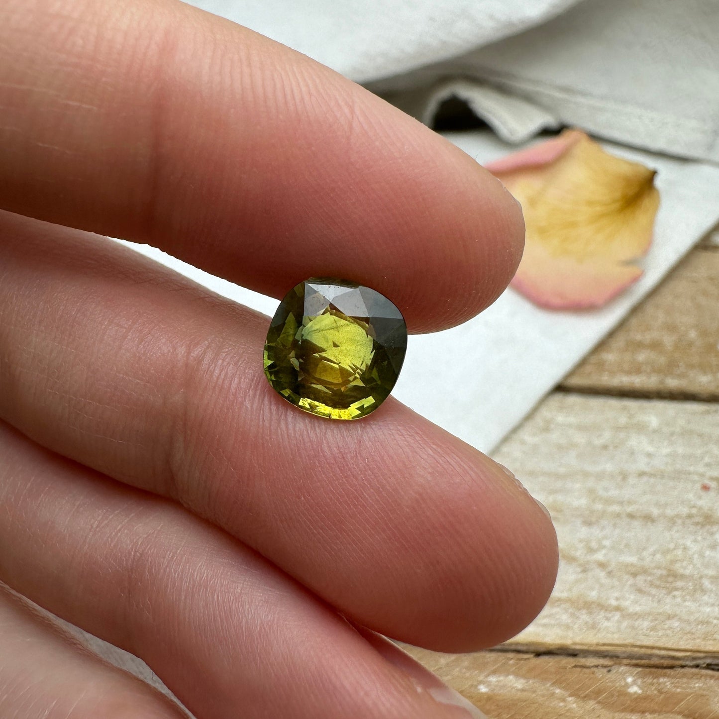 8.5mm BE Treated Natural Sapphire 2.73 Cushion Corundum, BERYLLIUM TREATED, Faceted Loose Yellow-Green Sapphire